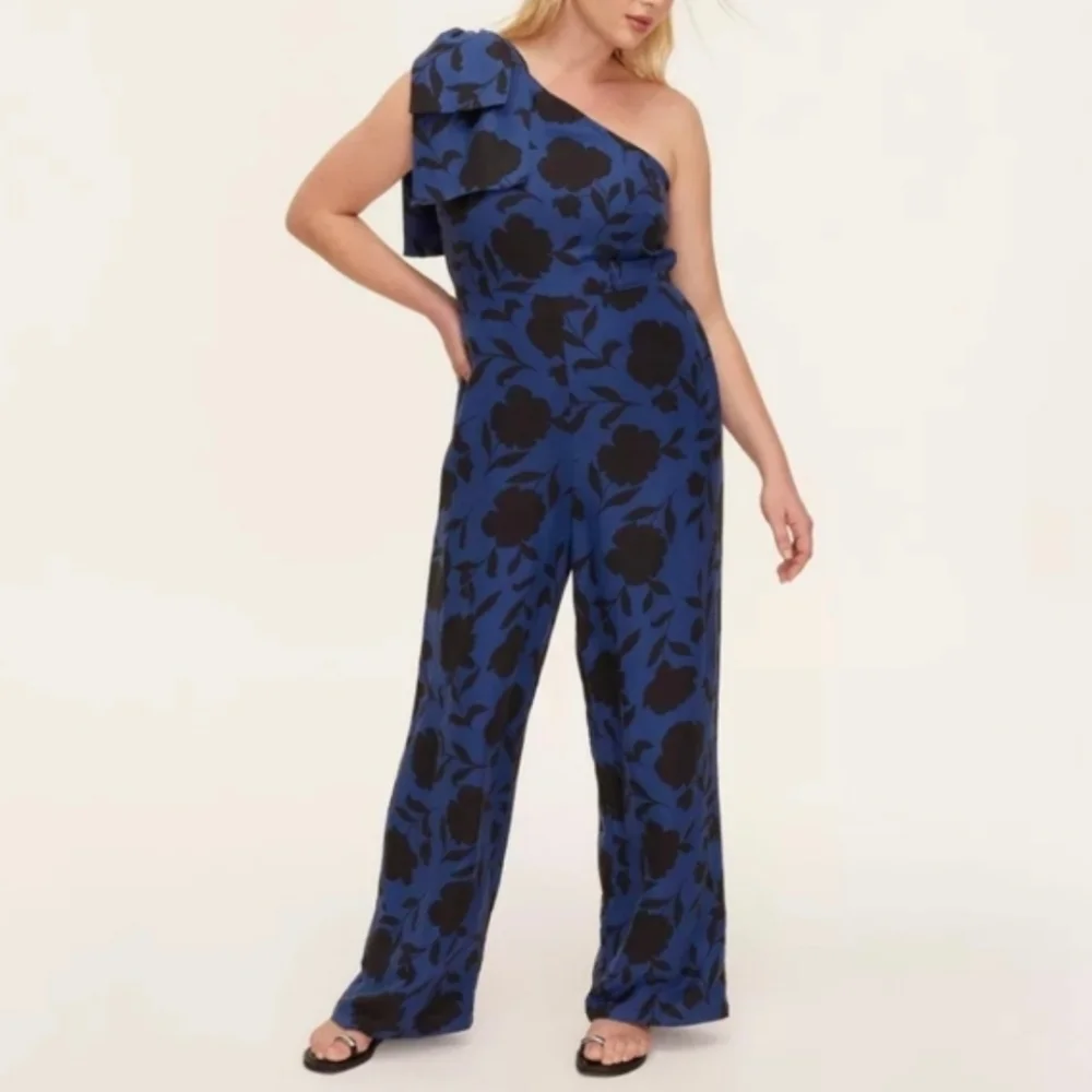 Kate Spade Classic Rose Jumpsuit - Blue & Black Floral - Linen Blend - Size 12 - Picture 2 of 8
